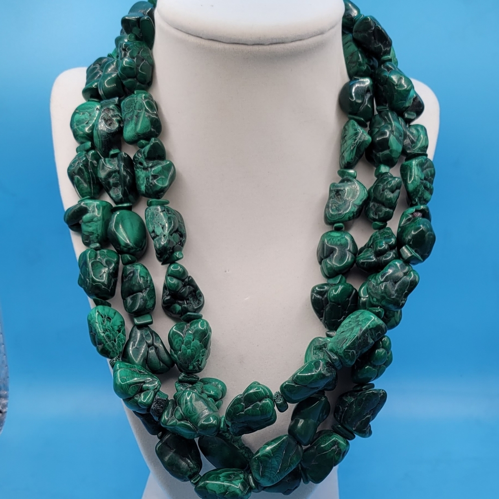 Vintage Malachite 3 Strand Bead Necklace